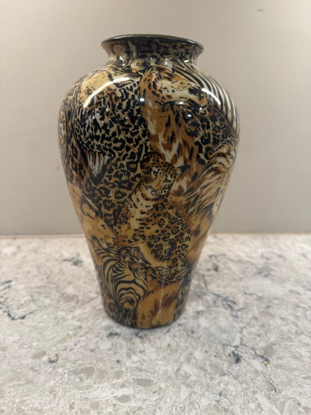 Vintage Porcelain Art Pottery Vase Safari Animal Print Brown Black 9"